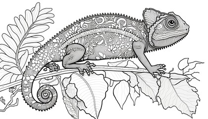 a cute coloring book for children that is still black and white, but waiting for colors and then it will become a wonderful colorful chameleon