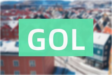 Gol: Der Name der norwegischen Stadt Gol in der Region Buskerud vor einem Hintergrundfoto © Modern Design & Foto