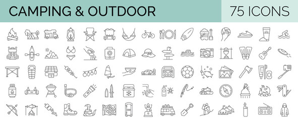 Set of 75 line icons related to outdoor, camping. camp, tools, adventure, trekking. Editable stroke Vector illustration. Outline icon collection