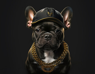 
Cool french bulldog in cap and gold chain. Super realistic dog. Printing on a T-shirt, jacket, sweatshirt. Prints for clothes. Wallpaper, screensaver. Banner. AI