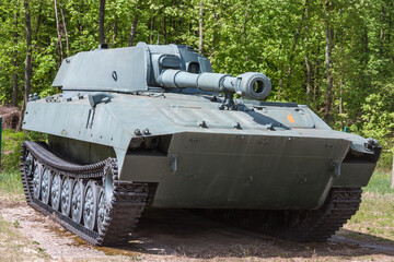 View of an old abandoned soviet self-propelled howitzer 2S1 Gvozdika standing outdoors in Ukraine