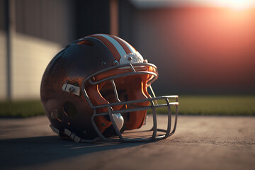 Fototapeta premium American Football protection helm in dramatic light with blurry bokeh background