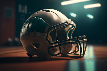 American Football protection helm in dramatic light with blurry bokeh background