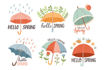 Hello Spring set hand drawn flat vector illustration. Lettering spring season with umbrella for greeting card