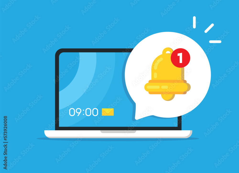 Poster New notification on laptop screen. Unread notification message bubble. Laptop with notification bell. Alert message. Virus problem, danger error alerts, insecure messaging spam problems vector 10 eps.