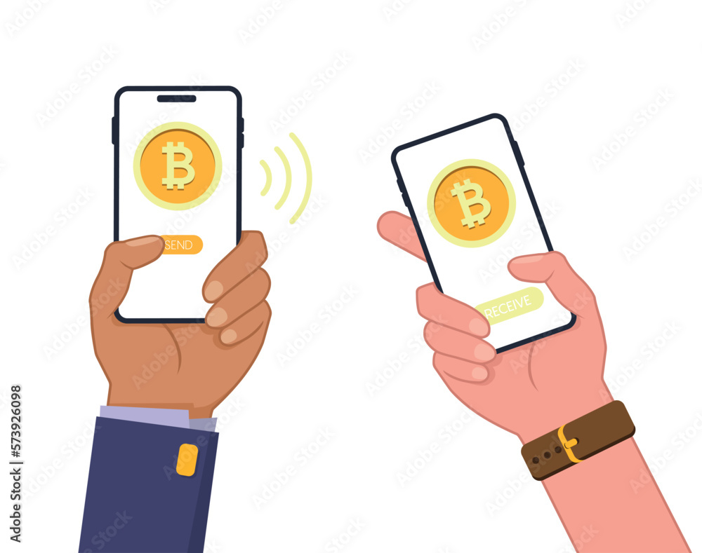 Poster smartphone mockup in human hand. sen and receive bitcoin money operation from crypto wallet. vector 