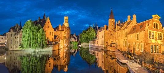 Poster Bruges Belgium, night panorama city skyline at Rozenhoedkaai Dijver Canal with Belfry Tower © Noppasinw
