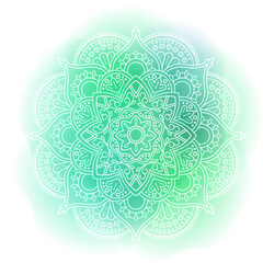 Round gradient mandala on watercolor trace background. Vector boho mandala in turquoise colors. Mandala with floral patterns. Yoga template