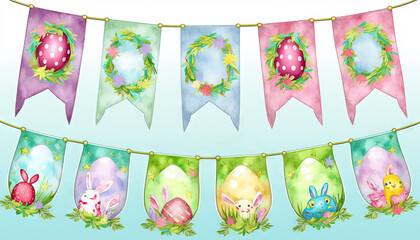  a set of watercolor easter banners with buntings.  generative ai