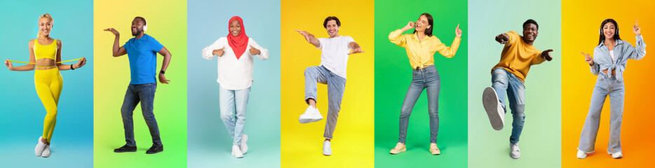 Group Of Cheerful Multicultural Young People Posing Over Colorful Backgrounds