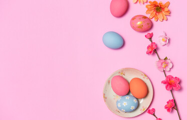 Happy easter Colourful of Easter eggs on pink background. Greetings and presents for Easter Day celebrate time. Flat lay ,top view, copy space.