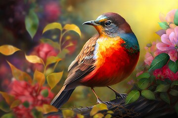 Bird on Summer beautiful flowers background. Generated AI