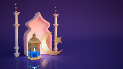 Islamic decoration for Ramadan with lantern and Mosque on purple background 3D rendering