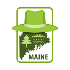 beauty of Maine the landscape and the wildlife Pine trees Maine’s coastline and mountains a hat and outline of the state vector illustration