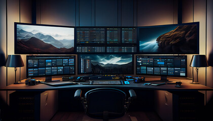 Naklejka premium Technologically Advanced Computer Room. Multiple Monitors. Generative AI.