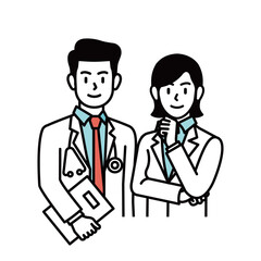 Cartoon illustration of smiling male doctor and female doctor standing together for medicine, health and medical service.