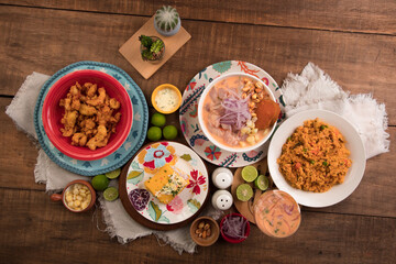 Sea food ceviche Assorted food plates Peru traditional comfort food buffet table