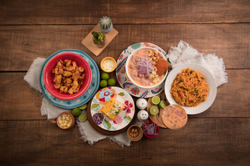 Sea food ceviche Assorted food plates Peru traditional comfort food buffet table