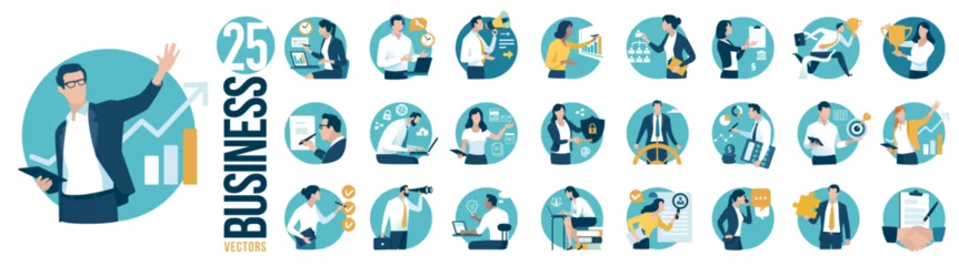 Foto op Canvas Business people, business work, job positions. Set of 25 simple, circle shaped, flat style business vector illustrations. © bizvector
