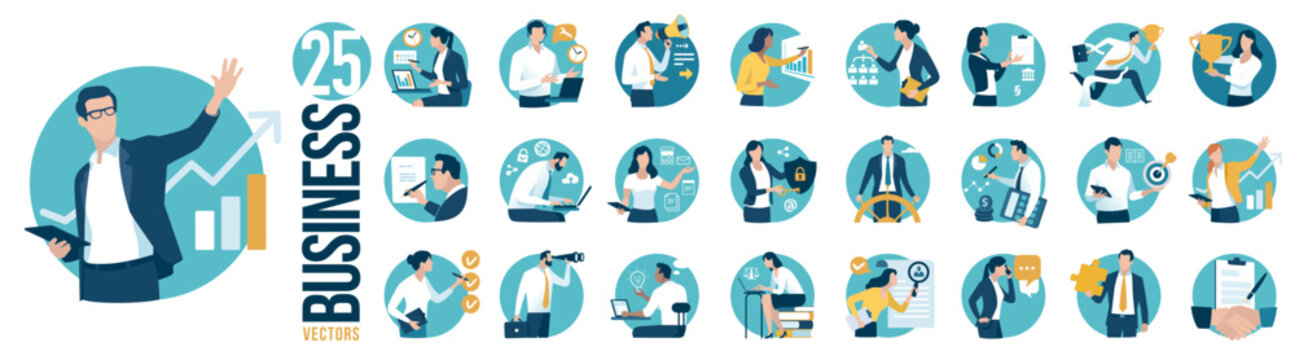 Business people, business work, job positions. Set of 25 simple, circle shaped, flat style business vector illustrations.