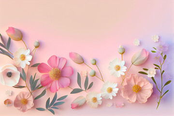 Naklejka na ściany i meble Composition from summer flowers. Kosmey flowers on pastel pink background Generative AI