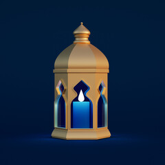 Ramadan lantern on blue background. Festive greeting card 3D rendering
