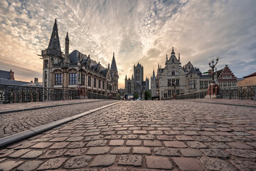Ghent Belgium, city skyline night at St Michael's Bridge (Sint-Michielsbrug) with Leie River and...