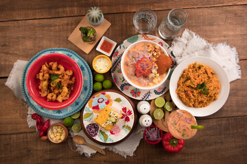 Sea food ceviche Assorted food plates Peru traditional comfort food buffet table