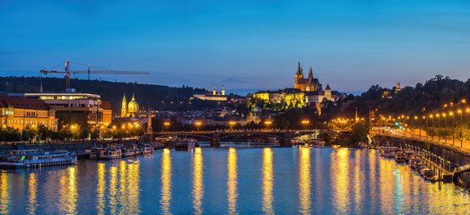 Prague Czechia Czech Republic, panorama city skyline night at Vltava River and Prague Castle