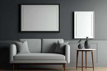 un salon contemporain avec un cadre vide accroché au mur, canapé et table - illustration ia