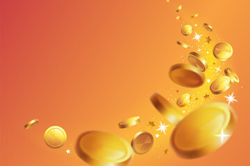 Frame with gold coins on orange background. Rain of money. Jackpot or success concept. Illustration with place for text.