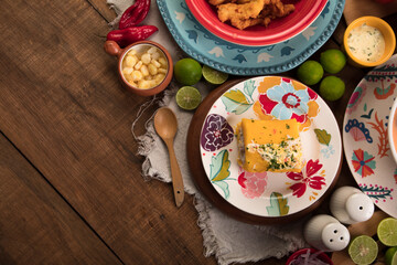 Causa de pescado Sea food ceviche Assorted food plates Peru traditional comfort food buffet table