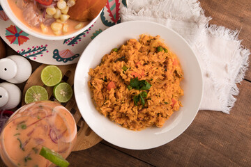 Arroz con mariscos Sea food risotto ceviche Assorted food plates Peru traditional comfort food buffet table