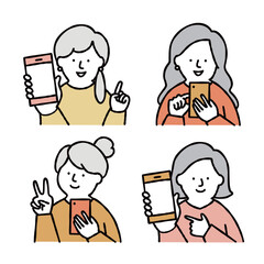 スマホを操作する女性のイラストセット　イエロー