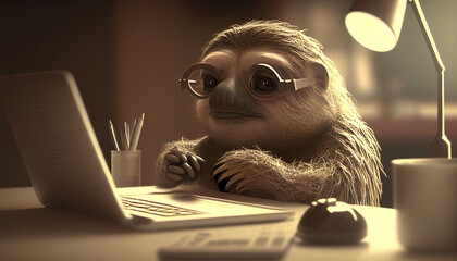 Photorealistic illustration of a sloth working on a laptop. created with generative AI technology.