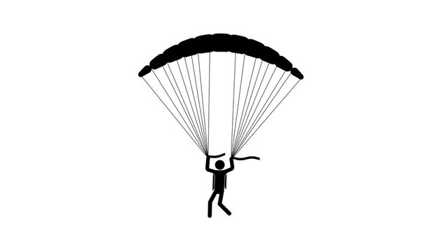 Animated cheerful Athlete skydiver flies on parachute. Extreme skydiving competition. Cartoon looped video isolated on white background