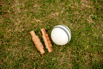 Cricket ball and bail on green grass playing ground pitch