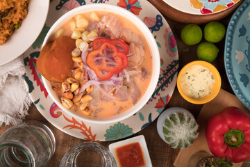 Ceviche en salsa de rocoto Sea food ceviche Assorted food plates Peru traditional comfort food buffet table