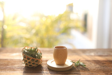 Stevia tea beverage drink in wooden cup