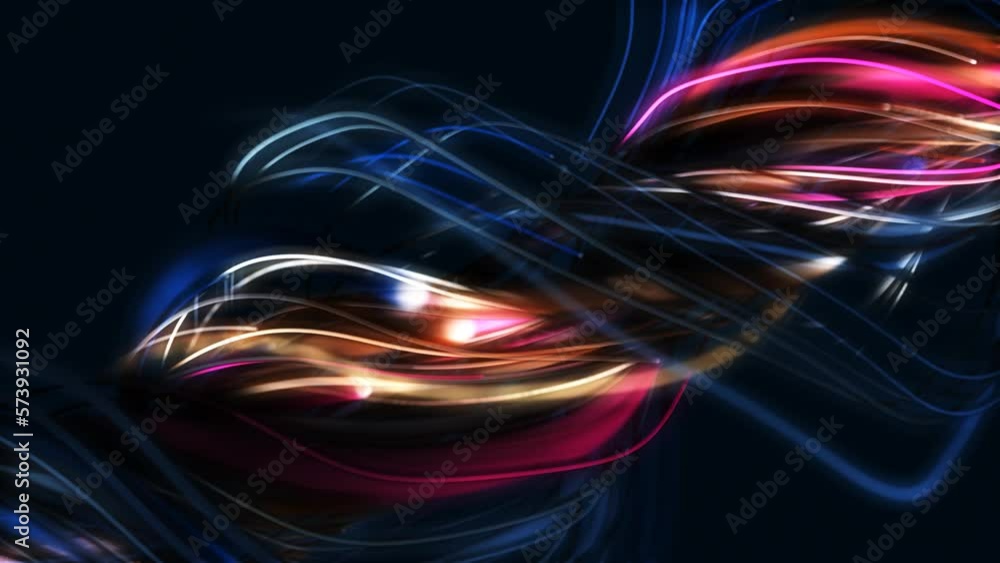 Poster wave animated neon background. 3d rendering. texture of randomly moving lines, stripes, rays of ligh