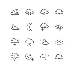Set of weather related icons, wind, blizzard, sun, rain, clouds and linear variety vectors.