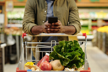 Young African American male consumer pushing shopping cart with fresh vegetarian food products and scrolling in smartphone in supermarket © pressmaster