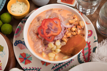 Ceviche en salsa de rocoto Sea food ceviche Assorted food plates Peru traditional comfort food buffet table