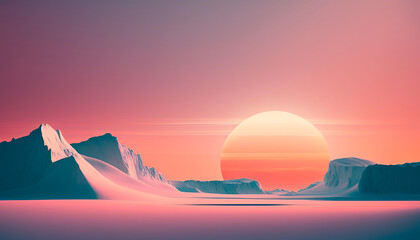 Fototapeta na wymiar Abstract Antarctica landscape background during sunset with big sun and twilight sky. A beautiful image with minimal colorful digital art style. Digital illustration generative AI.