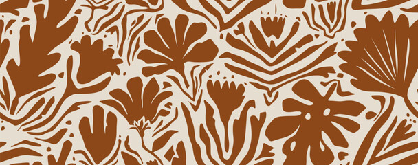 Hand drawn minimal abstract organic shapes seamless pattern, leaves and flowers.