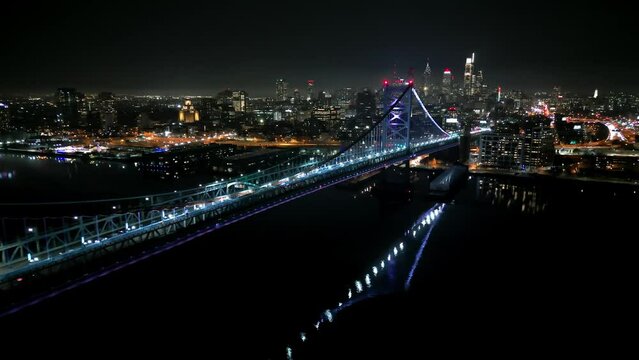 Benjamin Franklin Bridge and Skyline of Philadelphia at night - aerial view - drone photography