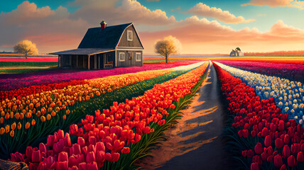 Colorful Tulip Fields in a Vast Open Landscape.   A Panoramic View of Blooming Meadows. Generative AI - obrazy, fototapety, plakaty