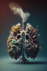 Dead tree branches smoke and pollution from factory lungs flat design art pattern generated by Ai