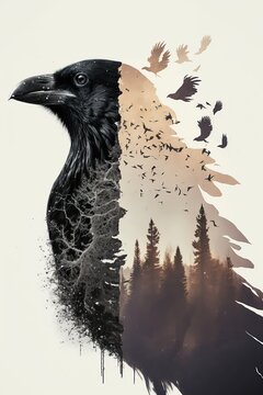 illustration num&eacute;rique, corbeau sombre, double exposition sur fond blanc avec nature