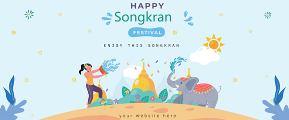 Songkran Thailand festival horizontal banner with water bowl, splashing, gun water, sand illustration background.